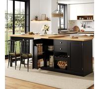 boorbin Mesa de comedor extensible de 120 a 197 cm, giratoria 360°, con botellero y estantes para aperitivos, puertas magnéticas, soporta hasta 60 kg, color negro