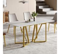 boorbin Mesa de comedor moderna con diseño de mármol, ampliable con almohadillas ajustables para los pies, ideal para comedores y cocinas (blanco+oro)