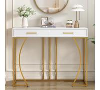 boorbin Mesa de consola, mesa de pasillo con 2 cajones, ligera y lujosa, mesa auxiliar de sofá (blanco+dorado, 110 x 32 x 85 cm)