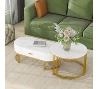 boorbin Mesas de centro de 2 piezas, estructura de metal dorado, elegantes mesas de salón modernas (blanco, 100 x 48 x 38,5 + 70 x 70 x 44,5 cm)