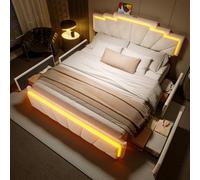 boorbin Moderna cama tapizada de 140 x 200 cm, diseño elegante con cabecero trapezoidal, barra de luz LED integrada y 2 ajustes de altura, conector USB Type-C (beige)