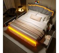 boorbin Moderna cama tapizada de 140 x 200 cm, diseño elegante con cabecero trapezoidal, barra de luz LED integrada y 2 ajustes de altura, conector USB Type-C (gris oscuro)