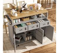 boorbin Moderna isla de cocina (118 × 43 - 80 × 98 cm), armario de cocina, comedor, con vetas de madera, con ruedas, con espacio de almacenamiento multifuncional, separadores extraíbles, con toallero