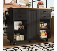 boorbin Moderna isla de cocina, armario de cocina, armario de comedor con vetas de madera, con espacio de almacenamiento multifuncional y separadores extraíbles (negro, 127 x 46 x 91,5 cm)