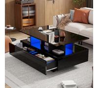 boorbin Moderna mesa de centro brillante con iluminación LED y 2 cajones, elegante mesa auxiliar de 90 x 55 x 41 cm con espacio de almacenamiento, soporta hasta 30 kg (negro)