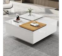 boorbin Moderna mesa de centro cuadrada de alto brillo con estantes, 75 x 75 x 33,5 cm, pequeño tablero deslizante en color blanco contrastante, carga máxima 30 kg (blanco)