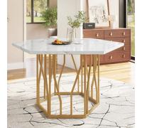 boorbin Moderna mesa de comedor hexagonal de mármol, estructura de metal, mesa de centro estética simple, adecuada para comedor y sala de estar, dorada (115,5 x 10075 cm)