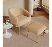 boorbin Moderna silla tapizada Sherpa con reposapiés - Sillón de salón, diseño ergonómico, patas doradas, confort lujoso, 68 x 66 x 73 + 46 x 47 x 36 cm (marrón)