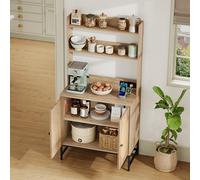 boorbin Moderno armario buffet con decoración de madera de roble, puerta doble de ratán con espacio de almacenamiento, con USB y enchufe de 220 V, estantes abiertos, protección antivuelco, para cocina