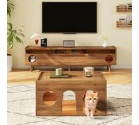 boorbin Moderno juego de muebles LED para salón, mueble de TV con cesta para gatos, muebles de nogal para salón, dormitorio (80 x 50 x 40 cm + 180 x 40 x 50 cm)