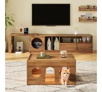 boorbin Moderno juego de muebles LED para salón, mueble de TV con cesta para gatos, muebles de nogal para salón, dormitorio (80 x 50 x 40 cm + 180 x 40 cm + 80 x 40 x 50 cm)