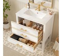 boorbin Mueble de baño con lavabo de cerámica, mueble de baño independiente con 2 cajones y compartimento abierto, asas doradas, sin grifo ni desagüe (blanco y dorado)