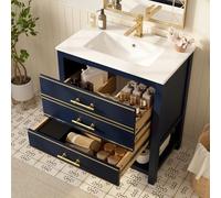 boorbin Mueble de baño con lavabo de cerámica, mueble de baño independiente con 2 cajones y compartimento abierto, asas doradas, sin grifo ni desagüe (negro y azul)