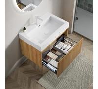 boorbin Mueble de baño de 70 cm con lavabo integral de resina rectangular blanca, armario de madera contrachapada a rayas con un cajón, premontado, color de grano de madera natural