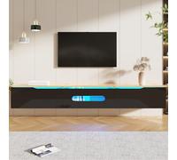 boorbin Mueble de TV blanco y negro, 180 cm de largo, superficie brillante, con iluminación LED de 16 colores, montaje en pared (negro y color madera, 180 x 30 x 35 cm)