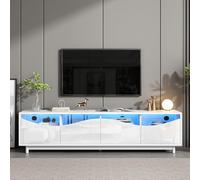 boorbin Mueble de TV con diseño curvado blanco brillante de cristal templado con iluminación LED, para entretenimiento, dormitorio, sala de estar, 175 x 38 x 51 cm