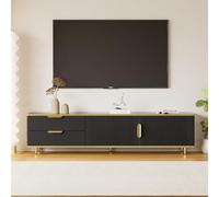 boorbin Mueble de TV con placa baja con textura tallada, asas y patas doradas, muebles de salón con textura de mármol (negro y oro)