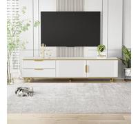boorbin Mueble de TV con placa baja con textura tallada, asas y patas doradas, muebles de salón con textura de mármol (blanco y dorado)
