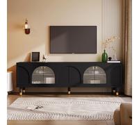 boorbin Mueble de TV con puertas de cristal acanalado abovedadas, 4 puertas, diseño moderno, 173 x 38 x 59 cm (negro, 173 x 38 x 59 cm)