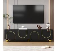 boorbin Mueble de TV con puertas texturizadas, adornos dorados, patas redondas doradas, estantes incluidos, push-to-open (negro, 170 x 38 x 44 cm)