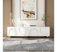 boorbin Mueble de TV con puertas texturizadas, adornos dorados, patas redondas doradas, estantes incluidos, push-to-open (170 x 38 x 44 cm)