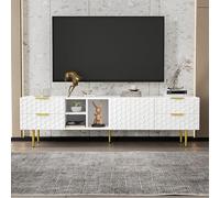 boorbin Mueble de TV con puertas texturizadas, mueble de TV con cajones, compartimentos abiertos, asas doradas y patas doradas (170 x 40,3 x 49,9 cm)