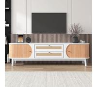 boorbin Mueble de TV de madera natural, con puertas y cajones, soporte para TV con lados de ratán, solución de almacenamiento, estilo rústico natural (color blanco+madera)