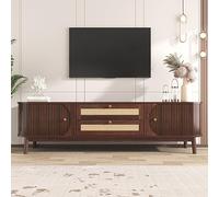 boorbin Mueble de TV de madera natural con puertas y cajones, soporte para TV con lados de ratán, solución de almacenamiento, estilo rústico natural (color madera+amarillo claro)
