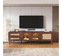 boorbin Mueble de TV marrón de 180 cm para televisores de 80 pulgadas, con 2 cajones de ratán, 2 puertas de cristal abovedadas y 1 puerta de ratán, iluminación LED, ofrece un almacenamiento elegante