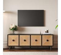 boorbin Mueble de TV moderno negro - 150 x 38 x 55 cm, mueble bajo de bambú, mueble de TV con espacio de almacenamiento (negro + color madera, 150 x 38 x 55 cm)
