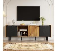 boorbin Mueble para TV de 160 cm, color negro y madera, estilo moderno con tres puertas y dos compartimentos abiertos (negro + color madera, 160 x 40 x 58 cm)