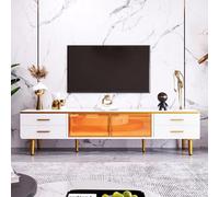 boorbin Mueble para TV en imitación de mármol con 4 patas, 4 cajones estructurados con asas doradas y dos puertas de cristal templado marrón (blanco + dorado, 170 x 37 x 47,5 cm)