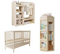 boorbin Muebles combinados para niños, cama de madera multifuncional + armario + estantería giratoria, juego de muebles juveniles, combinación de muebles multifuncionales, colores naturales