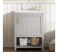 boorbin Planetmöbel LUX Juego de muebles de baño de 60 cm + lavabo de cerámica, elegante mueble de baño con estante, muebles de baño para baños pequeños (gris claro)