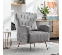 boorbin Silla decorativa de terciopelo Wingback con patas de oro metálico, sillón acolchado, silla lateral, sofá individual, sala de estar, dormitorio, oficina, silla de lectura suave y cómoda (gris)