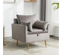 boorbin Silla otomana de terciopelo minimalista con espacio de almacenamiento, cojín decorativo y reposabrazos con patas de metal doradas (gris)