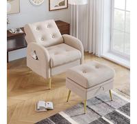 boorbin Sillón de salón con reposapiés, respaldo ajustable en 3 niveles, inclinable, silla con estante lateral, 68 x 77 x 85 + 52 x 42 x 47 cm (beige)
