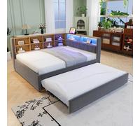 boorbin Sofá cama 140 x 200, cama nido 90 x 190, equipado con luces LED, enchufes y muchos compartimentos, cama tapizada, sofá cama multifunción, cama individual, franela (gris oscuro)