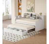 boorbin Sofá Cama 90 * 200, Cama Nido 90 * 190 con Dos cajones, Amplio Compartimento de almacenaje y cesto, Toma USB, Cama Individual de Madera (Blanco-2)