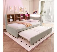 boorbin Sofá cama 90 x 200, cama nido 90 x 190, equipado con luces LED, enchufes y muchos compartimentos, cama tapizada, sofá cama multifunción, cama individual, franela, gris claro