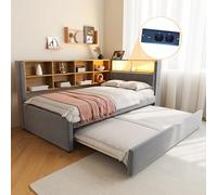 boorbin Sofá cama 90 x 200, cama nido 90 x 190, equipado con luces LED, enchufes y muchos compartimentos, cama tapizada, sofá cama multifunción, cama individual, franela, (gris oscuro)