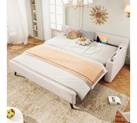 boorbin Sofá cama, cama de día, 90 x 200 cm, sofá cama con somier (sin colchón), con cama nido extensible con compartimento plegable, USB+Type-c, lino (beige)