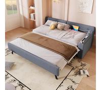 boorbin Sofá cama, cama de día, 90 x 200 cm, sofá cama con somier (sin colchón), con cama nido extensible con compartimento plegable, USB+Type-c, lino (gris)