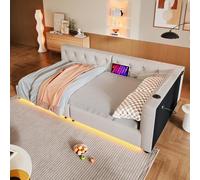 boorbin Sofá cama, cama de día, sofá cama con somier (sin colchón), iluminación ambiental con mando a distancia, cabecero con pasador, USB+tipo C, lino (beis, 90 x 200 cm)