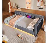 boorbin Sofá cama, cama de día, sofá cama con somier (sin colchón), iluminación ambiental con mando a distancia, cabecero con pasador, USB+tipo C, lino (gris, 90 x 200 cm)