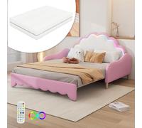 boorbin Sofá-cama, convertible en cama plana, cabecero con luz ambiental, completo con colchón, mando a distancia (rosa, 140 x 200 cm)