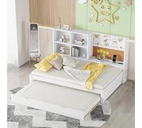 boorbin Sofá cama de 90 x 200 cm con cama extraíble, puerto de carga USB, tablero de dibujo, varios compartimentos de almacenamiento (blanco)