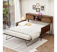 boorbin Sofá cama de hierro 90 x 200 cm, sofá cama extensible con varios estantes y enchufes multifuncionales, plancha individual, cama adolescente (negro + marrón)