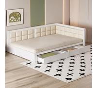 boorbin Sofá cama de madera, cama multifunción, forma de respaldo suave, cajones grandes de almacenamiento, somier de láminas, cama individual de pino, 140 x 200 cm (blanco)