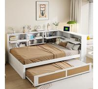 boorbin Sofá cama de madera con cama nido cama individual multifuncional con muchos compartimentos de almacenamiento y puerto de carga (blanco-1, 140 x 200 cm)